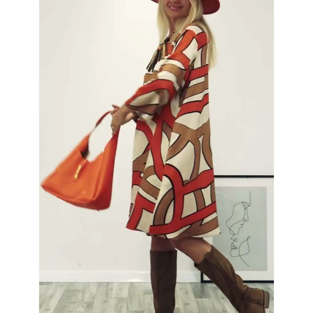 ZARA Autumn Round Neck Long Sleeve Printed Design Dress